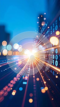 Abstract digital data stream with binary code, light trails, and bokeh.