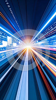 Abstract digital data stream with binary code and light trails, futuristic technology.
