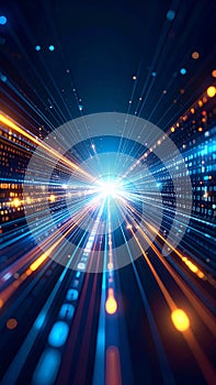 Abstract digital data stream with bright light and binary code