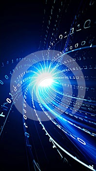 Abstract digital data stream flowing through a bright blue tunnel, binary code