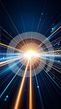 Abstract digital data stream with glowing light and binary code background