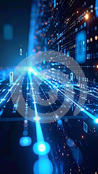 Abstract digital data stream with glowing lines and binary code