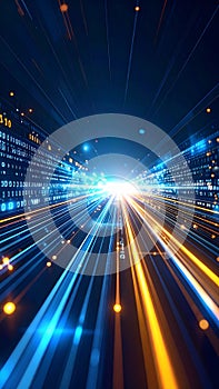 Abstract digital data stream with glowing lines and binary code background