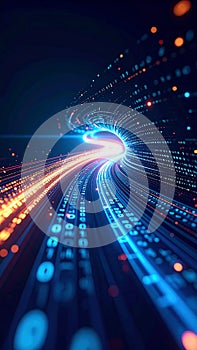 Abstract digital data tunnel with binary code and glowing light effects.