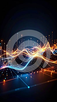 Abstract digital data visualization with glowing lines and dots on dark background