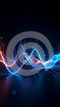 Abstract digital data visualization with glowing lines and dots on dark background