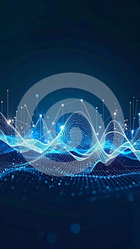 Abstract digital data visualization with glowing particles and lines on dark blue background