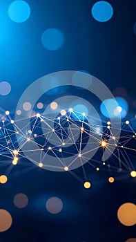 Abstract digital network connection with glowing data points and lines on a deep blue background with bokeh lights