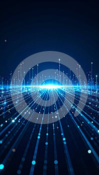 Abstract digital network data flow visualization with glowing lines and particles