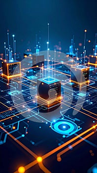 Abstract digital network with glowing circuit board and data processing cubes.
