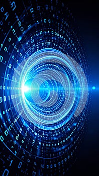 Abstract digital tunnel with binary code and bright light data visualization