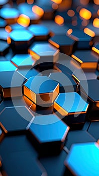 Abstract hexagonal pattern with blue and orange gradient lighting, modern design.