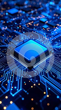 Abstract macro shot of a blue computer processor chip with circuit board.