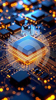 Abstract macro shot of a computer processor chip with glowing circuits and data transfer