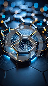 Abstract molecular structure with hexagonal shapes and glowing elements on dark background.