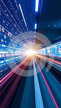 Abstract tunnel of light speed with binary code stream effect futuristic technology concept