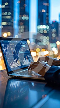 Analyst working on laptop with stock market data at night in city