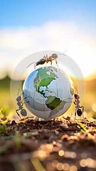 Ants Carrying Globe Earth Teamwork Tiny World Insects
