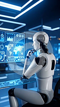 Artificial intelligence robot analyzing data on a computer screen in a futuristic office setting