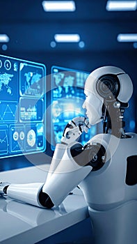 Artificial intelligence robot analyzing data on computer screens in a futuristic office setting