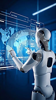 Artificial Intelligence Robot Analyzing Global Data on Futuristic Interface