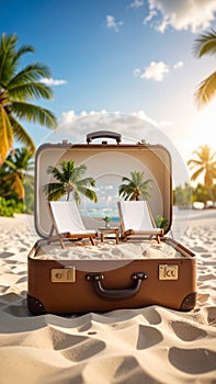 Beach Getaway in a Suitcase Sand Deck Chairs Palm Trees
