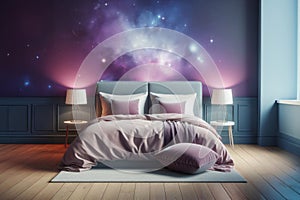 Generated image a bed with two pillows sitting on top of it, purplish space in background, beautiful, close-up,
