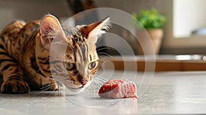 A Bengal cat pawing at a chunk of raw beef on a clean, light-colored surface, showcasing its natural predatory instincts photo