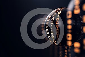 Binary code forming shape of globe on dark background with copy space. Global programming and technology