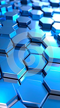 Bright blue metallic hexagonal pattern, modern geometric technology background.