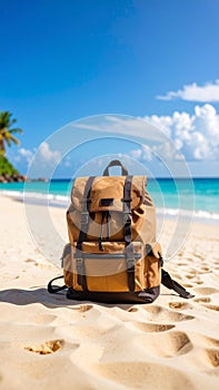 Brown Canvas Backpack on Sandy Beach Ocean and Blue Sky Background