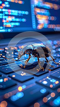 Bug on laptop keyboard concept computer code tech