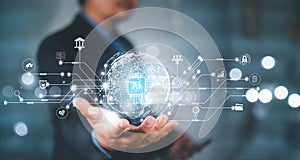 businessman using technology AI for working tools. Chat bot Chat with AI, using technology smart robot AI