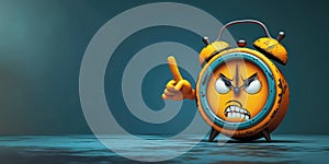 Cartoon character angry sad yellow alarm clock pointing hands on a blue background with copy space