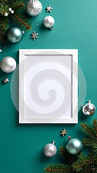 Christmas frame mockup with festive ornaments and pine branches on teal background