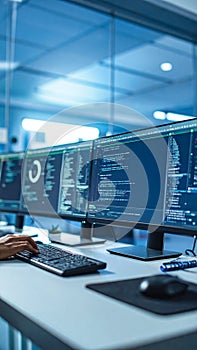 Close-up of computer monitors displaying code and data in a modern office setting.