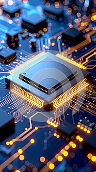 Close-up of a computer processor chip on a circuit board with glowing lights