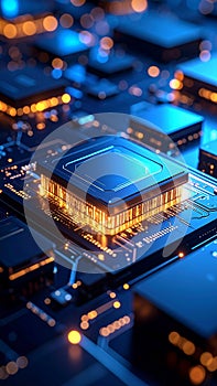 Close-up of a computer processor and circuit board with glowing lights and electronic components