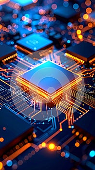 Close-up of a computer processor and circuit board with glowing lights and electronic components