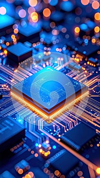 Close-up of a glowing computer processor chip and circuit board showing technology and data