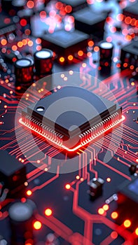 Close-up of a glowing computer processor on a circuit board with red light.