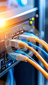 Close-up of network cables connected to a server rack in a data center.