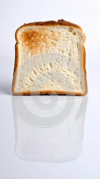 Close up of a single slice of toasted bread with reflection on a white surface