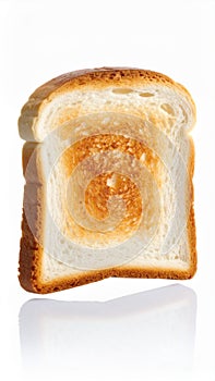 Close up of a single slice of toasted bread on a white background
