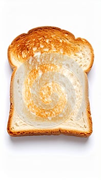 Close up of a single slice of toasted bread on a white background