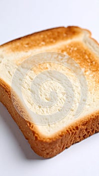 Close up of a single slice of toasted bread on white background