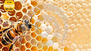 Close up view of a bee sitting on a honeycomb, collecting nectar and pollen