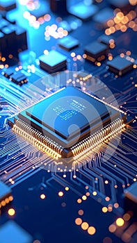 Close up view of a computer processor on a circuit board with glowing lights
