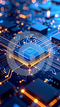 Close-up view of a computer processor with glowing circuits and digital technology