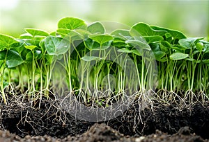 Closeup of roots and green leaves sprouting from seedlings in dark, nutrient-rich soil. photo